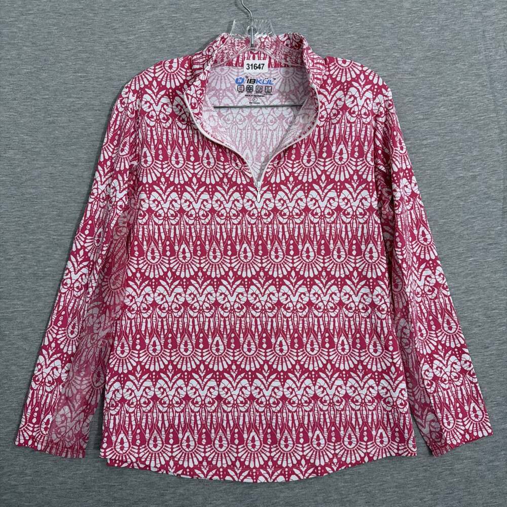 Ibkul Women's Size Large Pink Printed Polyester 1/4 Zip Long Sleeve Sun Shirt